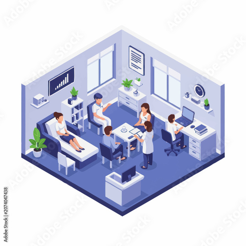 Modern hospital room with doctors and patients in isometric view.