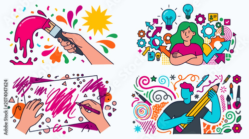 Flat Vector Illustration of Creative Process, Ideas, and Artistry with Hands Painting, Person Thinking with Lightbulbs and Gears, and Artist Drawing with Pencil and Brushes. Diverse Artistic Concepts.