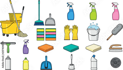 Photos Housekeeping and Cleaning Supplies Vector Icon Set Featuring Mop Bucket Spray Bo
