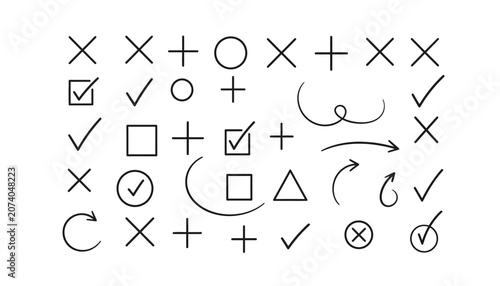 Minimalist hand drawn check mark and cross icon set, black doodle arrows and geometric symbols, 35 vector elements isolated on White Background scribble, hand drawing