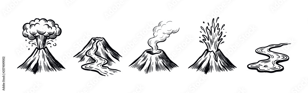 Fototapeta premium Hand-drawn black and white volcano and lava flow illustrations on a clean white background, depicting various stages of volcanic activity