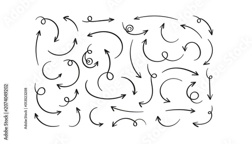 Hand drawn arrow vector set, black ink doodle arrows for infographics, sketchy curved pointer icons for presentation isolated on White Background scribble, hand drawing