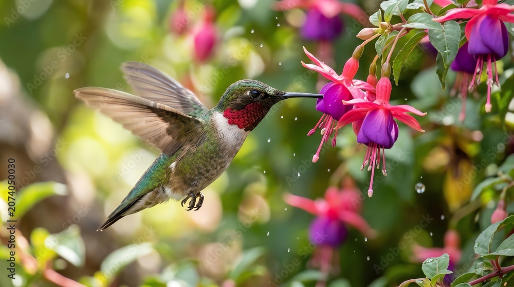Obraz premium Hummingbird hovering near purple and pink fuchsia flowers