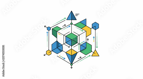 A colorful 3D geometric diagram with arrows and shapes