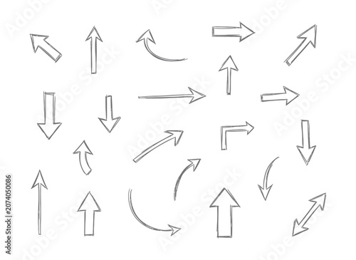 Hand drawn arrow set with 19 sketch elements. Pencil doodle arrows for business presentations and creative design. isolated on White Background scribble, hand drawing