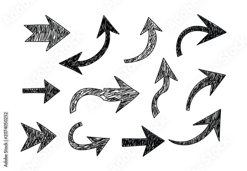 Hand drawn arrow set with charcoal texture, black sketch arrows collection, 11 decorative pointer vector elements isolated on White Background scribble, hand drawing