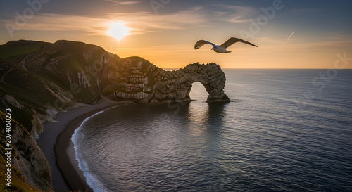 Durdle Door natural arch and seagull flying over the sea at sunset Jurassic Coast England