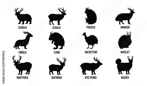Black animal silhouettes set, 12 wildlife creature icons with labels, forest fauna vector graphics for logo design isolated on White Background scribble, hand drawing