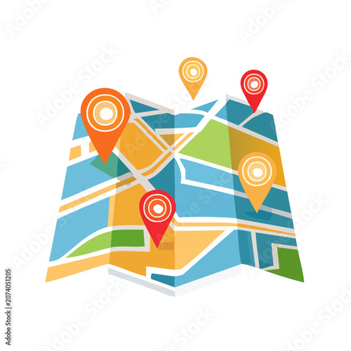 Folded map with colorful location pins