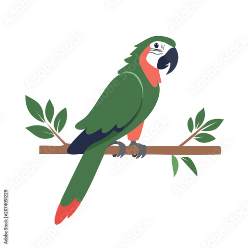 Green parrot perched on a branch with leaves