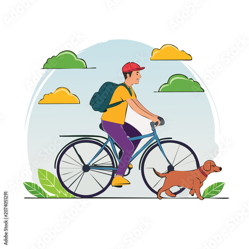 Man cycling with dog in flat illustration style