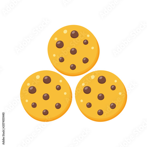 Three Chocolate Chip Cookies Flat Vector Illustration