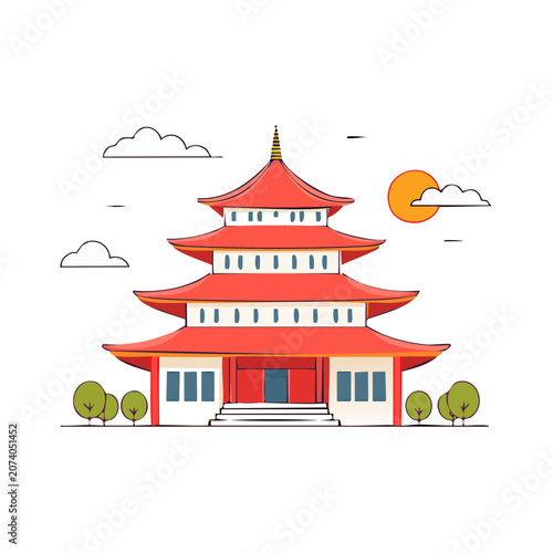 Traditional East Asian Pagoda Flat Vector Illustration