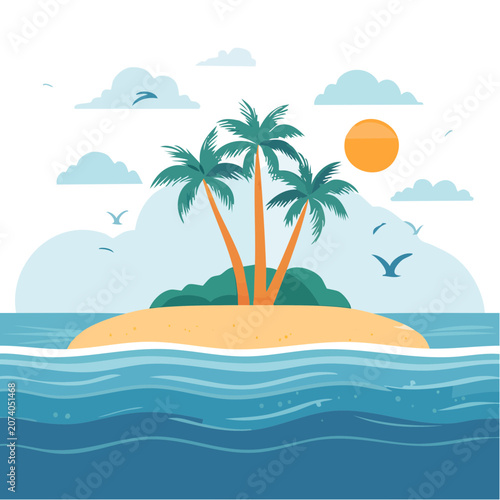 Tropical island with palm trees and ocean vector illustration