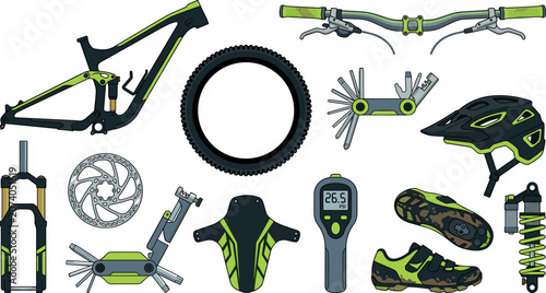 Mountain Bike Parts and Accessories Vector Set Featuring MTB Frame, Suspension Fork, Multitool, Helmet, Shoes, and Components for Cycling Maintenance Designs