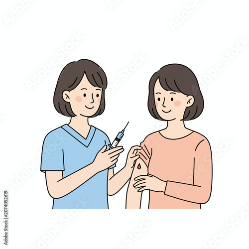 Cartoon nurse giving a blood test with a syringe to a patient's arm medical procedure