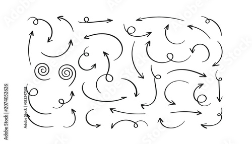 Hand drawn arrow set, black ink sketch pointer collection, curved doodle arrows for business presentation graphics isolated on White Background scribble, hand drawing