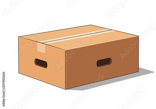 Closed cardboard shipping box with handle and tape on white background