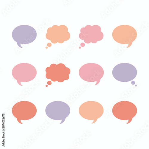 Collection of pastel speech bubbles and thought clouds for communication.