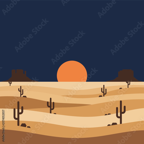 Flat design desert landscape with saguaro cacti dunes and sun at sunset