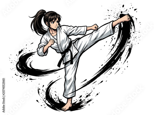 Female martial artist performing a dynamic karate kick with brush stroke effect