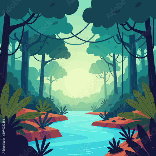 Flat vector illustration of a tropical jungle riverbank with lush green trees at sunrise.