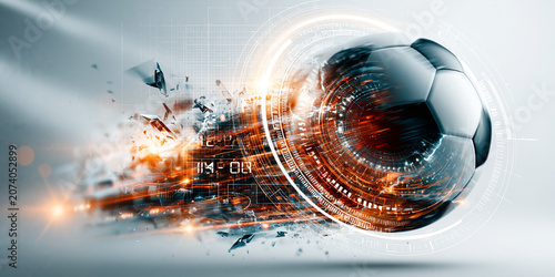 Futuristic digital soccer ball in motion