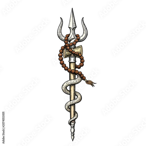 Hindu Shiva's Trishula trident Damaru drum Rudraksha mala and snake illustration symbolizing divinity and spirituality.