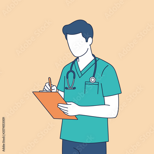 Healthcare professional in teal scrubs writes on a clipboard with a pen during a medical consultation.