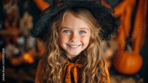 Smiling girl dressed as little witch for halloween party