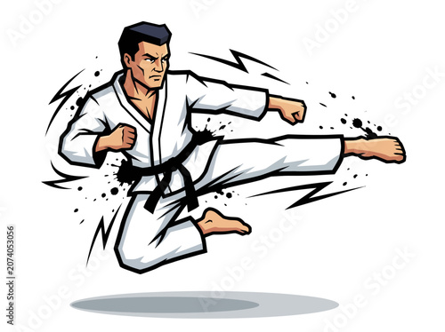 Karate man performing a dynamic flying kick in white gi vector illustration