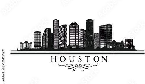 Houston skyline silhouette graphic with architectural building icons