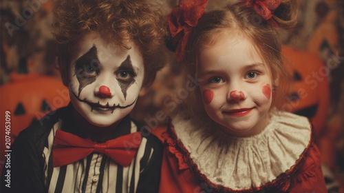 Children dressing up in clown halloween costumes