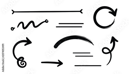 Hand drawn black arrow set, decorative ink brush strokes, 9 vector doodle pointers and underline elements for design isolated on White Background scribble, hand drawing