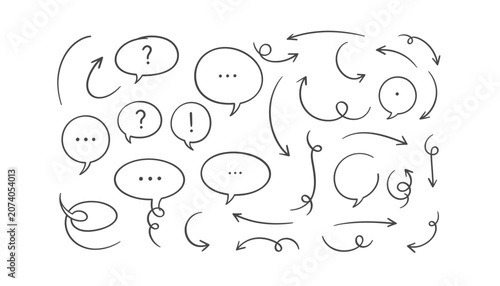 Hand drawn arrow and speech bubble set, black doodle sketch icons, vector collection for infographic and presentation isolated on White Background scribble, hand drawing