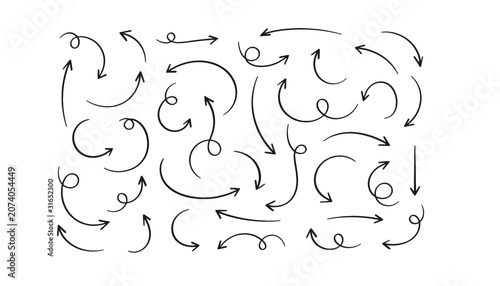Hand drawn arrow set, black ink sketch arrows, decorative curved pointer collection, doodle vector design elements isolated on White Background scribble, hand drawing