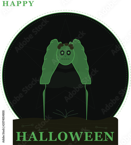 Zombie Hands Rising Halloween Badge with Stitched Undead Head and Green Glow — Horror Spooky Vector Illustration
