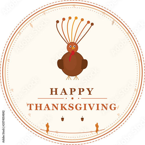 Happy Thanksgiving Circular Badge with Turkey Autumn Leaves and Wheat — Warm Harvest Vector Illustration
