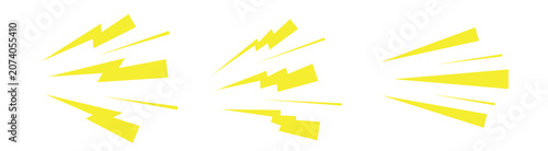 Yellow lightning bolts and dynamic flash lines vector collection. Comic style fast energy speed bursts and thunder zap elements isolated on white background EPS file.