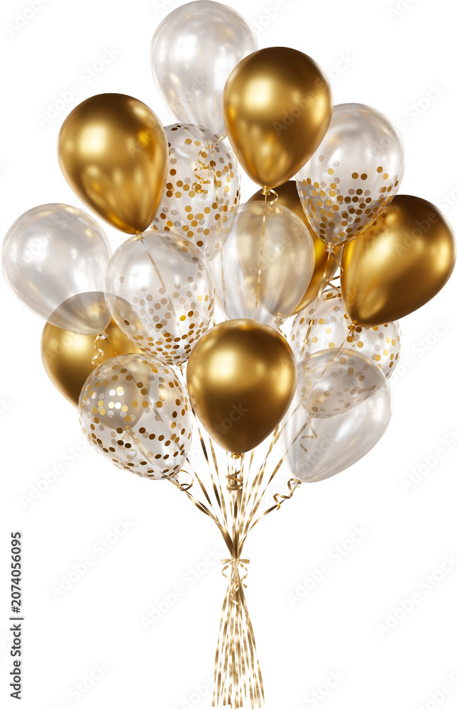 Fototapeta premium Balloon bouquet with transparent, gold confetti, and gold balloons isolated on a transparent background. A bunch of realistic balloons for birthdays, weddings, anniversaries, New Year, and events..