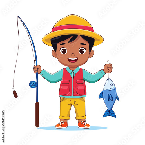 Cartoon boy holding fishing rod and fish