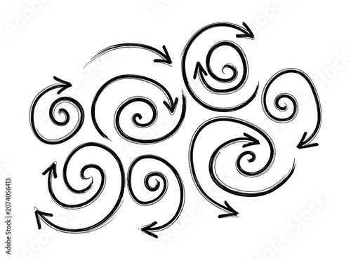 Hand drawn spiral arrows set, black ink sketch swirl pointers, decorative circular motion vector illustrations isolated on White Background scribble, hand drawing