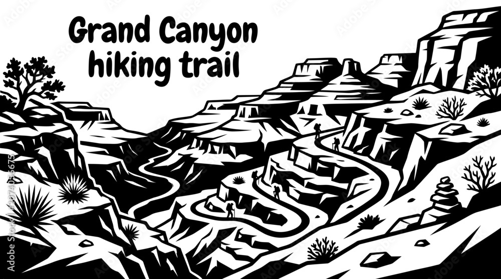Naklejka premium Grand Canyon hiking trail vector collection isolated for American national parks, desert landscapes, outdoor exploration, and adventure travel concepts. Black and white sketch style featuring canyon