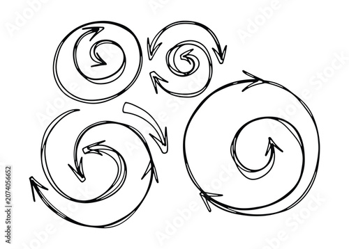 Hand drawn spiral arrows set, black ink circular motion icons, sketchy swirl cycle vector elements for infographics isolated on White Background scribble, hand drawing