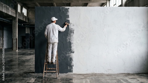 Man in white overalls and cap painting a large wall from dark gray to white with a brush while standing on a ladder in an empty industrial space.