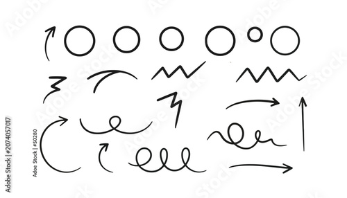 Hand drawn doodle arrows and circles vector set, black ink scribble elements, sketchy line art for business notes isolated on White Background scribble, hand drawing