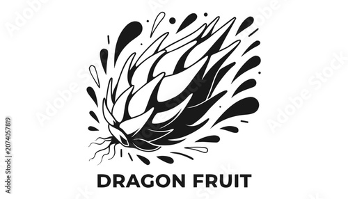 Very beautiful black and white vector illustration of a DRAGON FRUIT with energetic splash effect, exotic texture details, realistic monochrome styling, isolated on white background, with a bold label