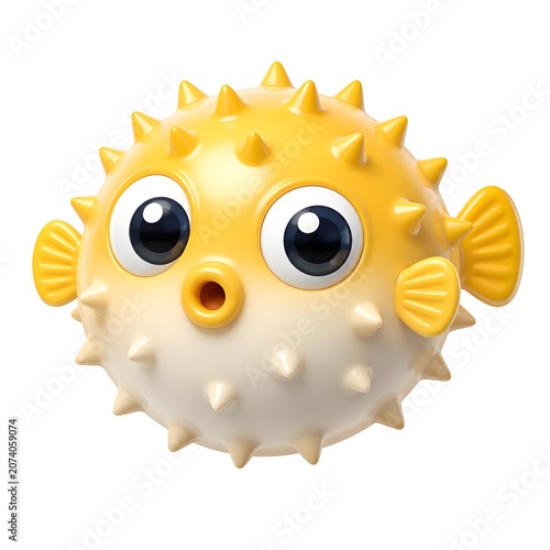 Funny yellow pufferfish toy with big eyes and spikes on white background