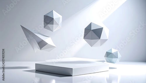 A minimalist white room with geometric shapes floating above a rectangular platform