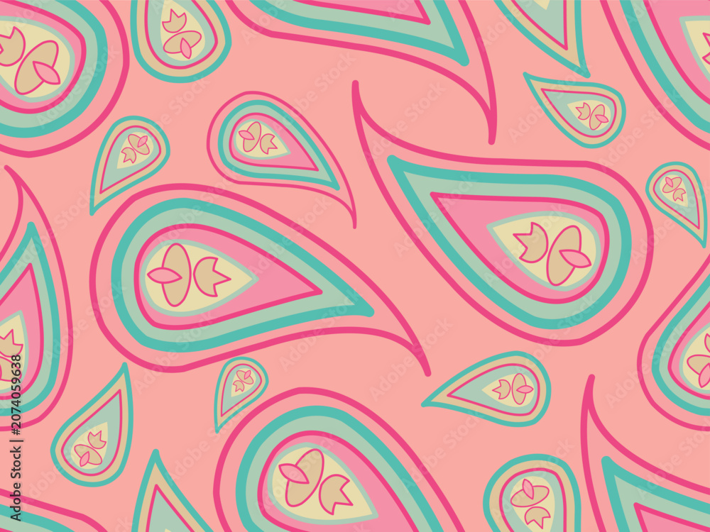 Fototapeta premium seamless pattern paisley motifs decorated with circular borders and bubbles. Designed in a bright retro style,using color palette of hot pink/magenta background, pastel mint green, and cream yellow.